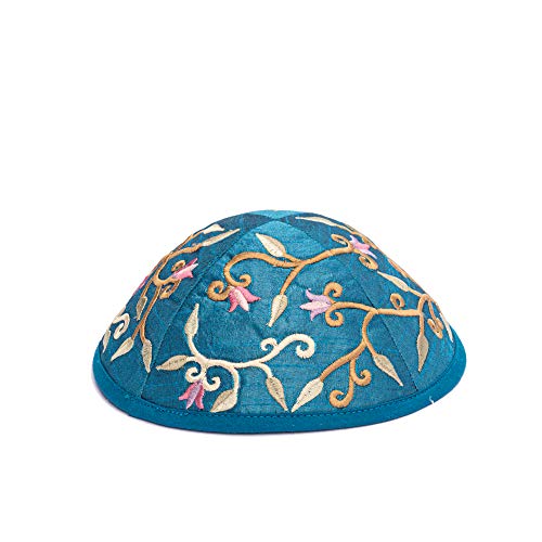 Yair Emanuel Blue Embroidered Flower Design Kippah - Image 4