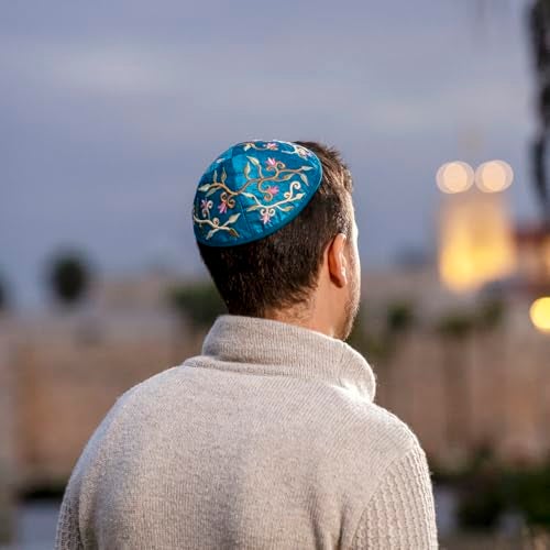 Yair Emanuel Blue Embroidered Flower Design Kippah - Image 3