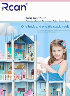 Rcan Princess Fantasy Castle House Kit, DIY Dollhouse, Hands Craft Miniature Model Craft Kit with LED House Furniture for Boys Girls Children Creative Birthday Gift, Blue  - Image 3