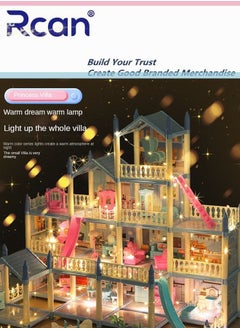 Rcan Princess Fantasy Castle House Kit, DIY Dollhouse, Hands Craft Miniature Model Craft Kit with LED House Furniture for Boys Girls Children Creative Birthday Gift, Blue  - Image 1