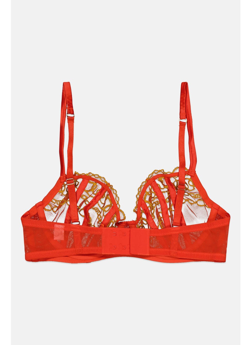 GUESS Women Embroidered Non Padded Lace Bra, Orange  - Image 2