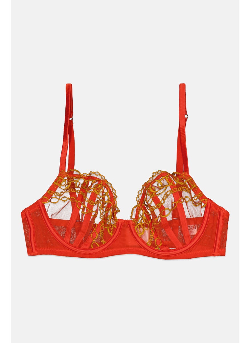GUESS Women Embroidered Non Padded Lace Bra, Orange  - Image 1
