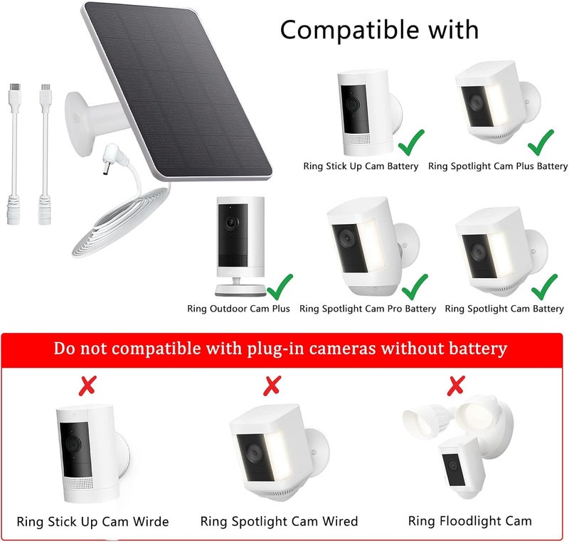 TEKCAM Solar Panel Compatible with Ring Stick Up Cam/Pro Battery, Spotlight Cam/Plus/Pro Battery, 5V Solar Panel Charger with 9.8ft DC Charging Cable, Micro USB & Type C Port, Adjustable Wall Mount (2 Pack) - Image 2