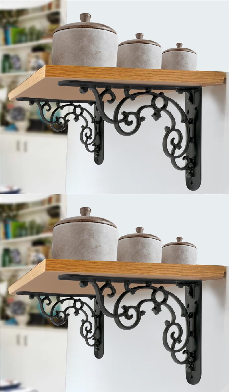 GHAR DWAR Metal Handcrafted Shelf Bracket for Floating Shelves L Angle Decorative Corner L Shaped Brace Joint Heavy Duty Wall Mounted Shelf Supporter Corner Brace Holder (Pack of 4, Black) - Image 1