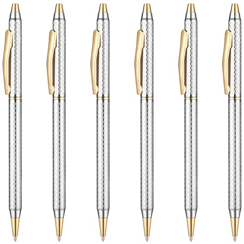 Unibene Slim Metallic Retractable Ballpoint Pens - Carved Chrome & Gold, Nice Gift for Business Office Students Teachers Wedding Christmas, Medium Point(1 mm) 6 Pack-Black ink - Image 1