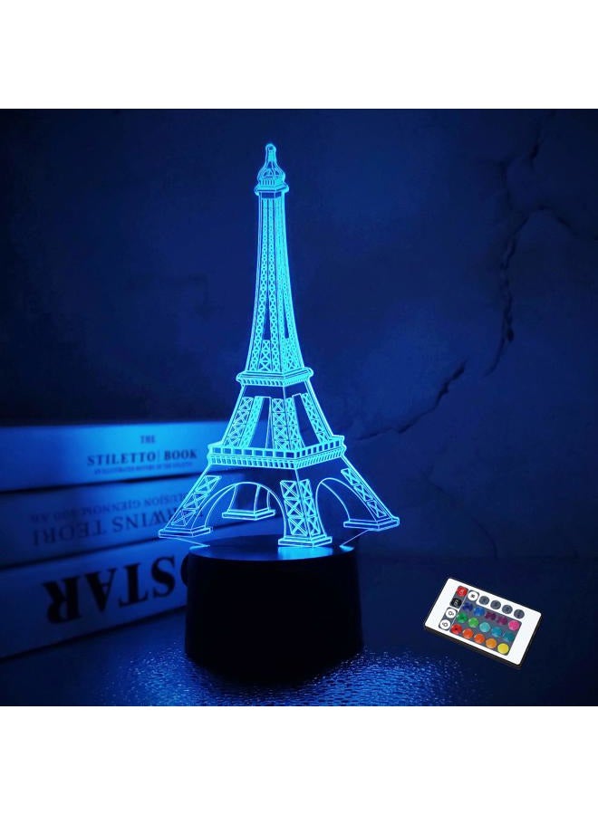 FULLOSUN Eiffel Tower Nightlight 3D Illusion Lamp Visual Bedroom Decoration LED Lamp with Remote Control 16 Color Changing Paris Fashion Style Acrylic Gifts for Birthday Xmas - Image 1