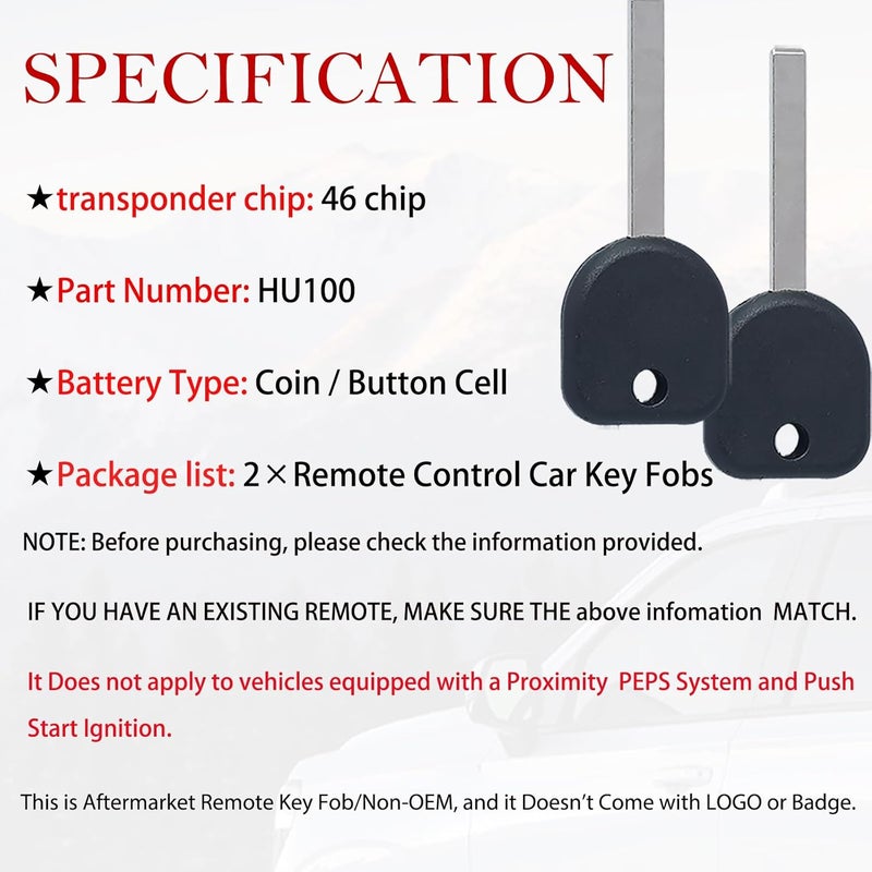 MechanMagic Key Fob Replacement Fits for Buick Chevrolet GMC 2010-2021 Uncut Transponder Ignition Car Key B119 HU100 46chip (Set of 2) - Image 3