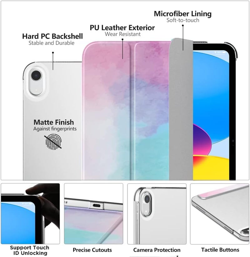 MoKo Case for iPad 10th Generation 10.9 Inch 2022, Thin Lightweight PU Leather Tablet Case with Auto Sleep/Wake Function, Translucent PC Back, Watercolour - Image 3
