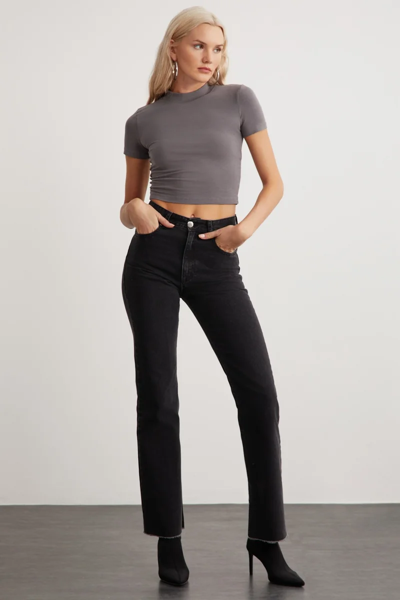 جريميلانج Niara Women's Cotton Elastane Crew Neck Short Sleeve Slim Fit Crop Gray T-Shirt