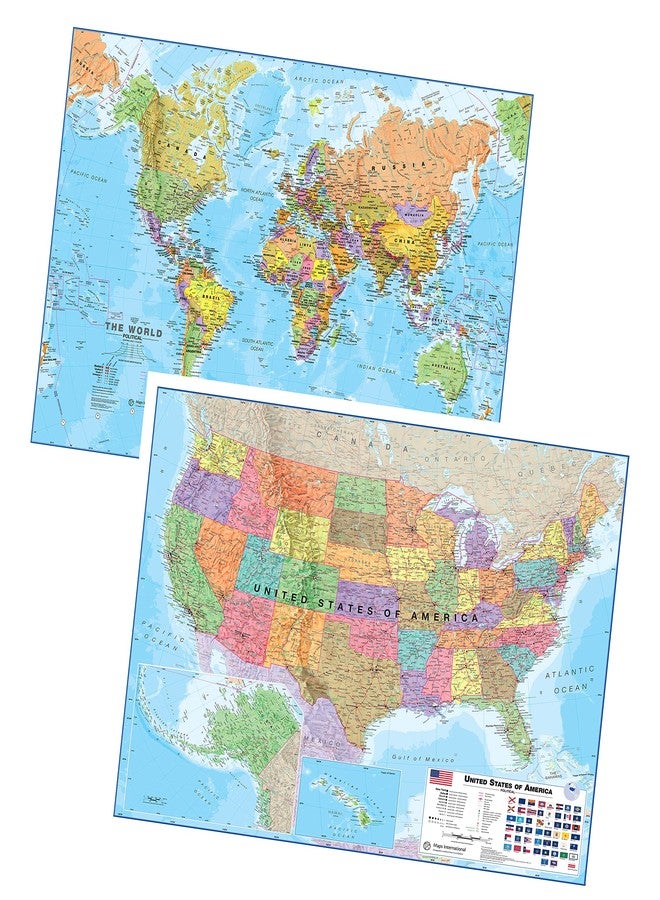 Maps International Laminated World Map & US Map Poster Pack - 17" x 22" - Maps of the World & United States - Detailed Cartography - Maps International - Image 1
