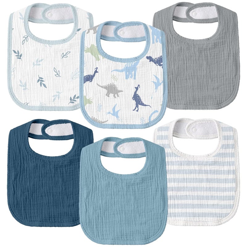 Muslin Drool Bibs for Boys Girls 6 Pack - Adjustable Baby Bibs for Drooling and Teething (My Dino Pals) - Image 1