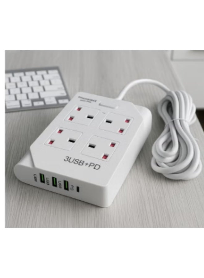 PowerMax Power Socket Extension with 4 UK Outlets, 3 USB + 1 PD Fast Charging Ports, 10A 2500W, Fireproof ABS, 3m Long Cable – Smart Power Strip for Home, Office, and Travel – 220-240V