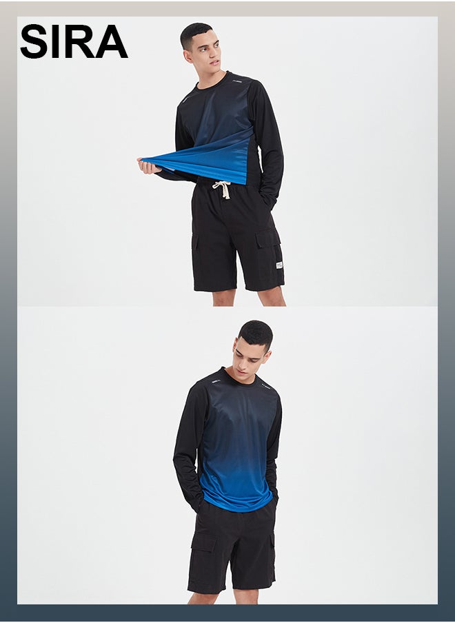 SIRA - Men's 3-Piece Workout Set - Long Sleeve Top + Pants + Shorts, Breathable Quick-Dry Gym Clothes for Running/Training (Black-Blue) - Image 1