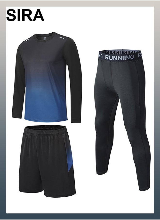 SIRA - Men's 3-Piece Workout Set - Long Sleeve Top + Pants + Shorts, Breathable Quick-Dry Gym Clothes for Running/Training (Black-Blue) - Image 1
