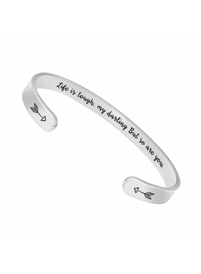 Btysun Inspirational Bracelets for Women Birthday Gifts for Her Motivational Cuff Bangle Silver Couple Bracelet Friend Friendship Mantra Quotes Jewelry(Life is Tough,My Darling ...) - Image 1