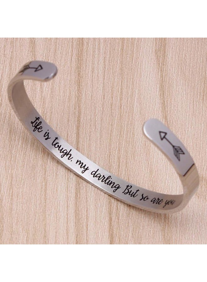 Btysun Inspirational Bracelets for Women Birthday Gifts for Her Motivational Cuff Bangle Silver Couple Bracelet Friend Friendship Mantra Quotes Jewelry(Life is Tough,My Darling ...) - Image 2