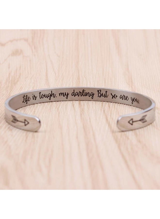 Btysun Inspirational Bracelets for Women Birthday Gifts for Her Motivational Cuff Bangle Silver Couple Bracelet Friend Friendship Mantra Quotes Jewelry(Life is Tough,My Darling ...) - Image 3