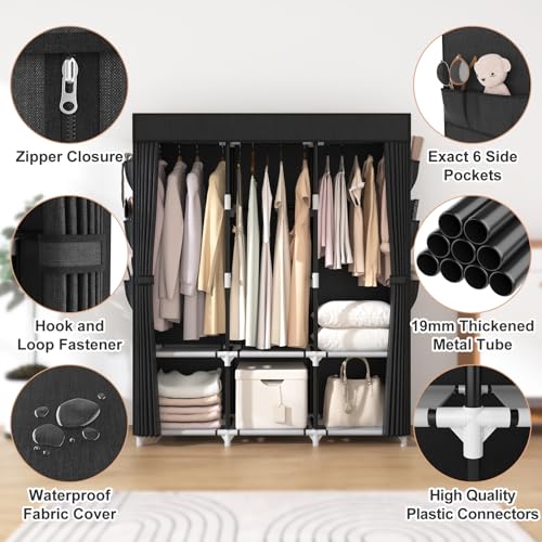 VTRIN Portable Closet Wardrobe for Hanging Clothes Closet with Cover, 3 Hanging rods, 6 Storage Shelves and Side Pocket, Diameter 19mm Metal Pipe, Sturdy Free Standing Closet for Bedroom, Black - Image 5