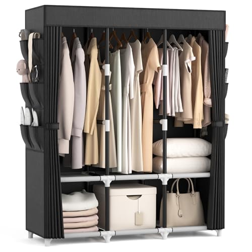VTRIN Portable Closet Wardrobe for Hanging Clothes Closet with Cover, 3 Hanging rods, 6 Storage Shelves and Side Pocket, Diameter 19mm Metal Pipe, Sturdy Free Standing Closet for Bedroom, Black - Image 1