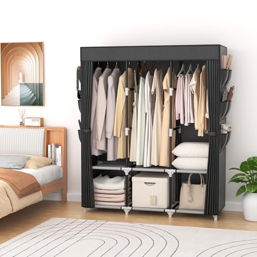 VTRIN Portable Closet Wardrobe for Hanging Clothes Closet with Cover, 3 Hanging rods, 6 Storage Shelves and Side Pocket, Diameter 19mm Metal Pipe, Sturdy Free Standing Closet for Bedroom, Black - Image 2