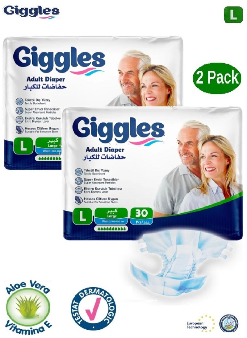 giggles - 2 Pack of Giggles Adult Diapers Briefs Turkish Made with Extra Dryness Layer and Wetness Indicator Large Size- 30 Pieces - Image 1