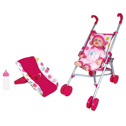 Lissi 12 Baby Doll  PushCarry Travel Set  Pink Elephant Onesie Car Seat Folding Umbrella Stroller Feeding Bottle Roleplay Toy Kids 3 - Image 1