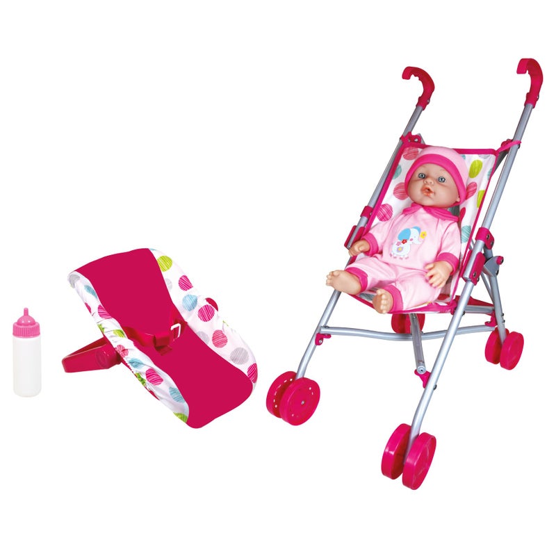 Lissi 12 Baby Doll  PushCarry Travel Set  Pink Elephant Onesie Car Seat Folding Umbrella Stroller Feeding Bottle Roleplay Toy Kids 3 - Image 2