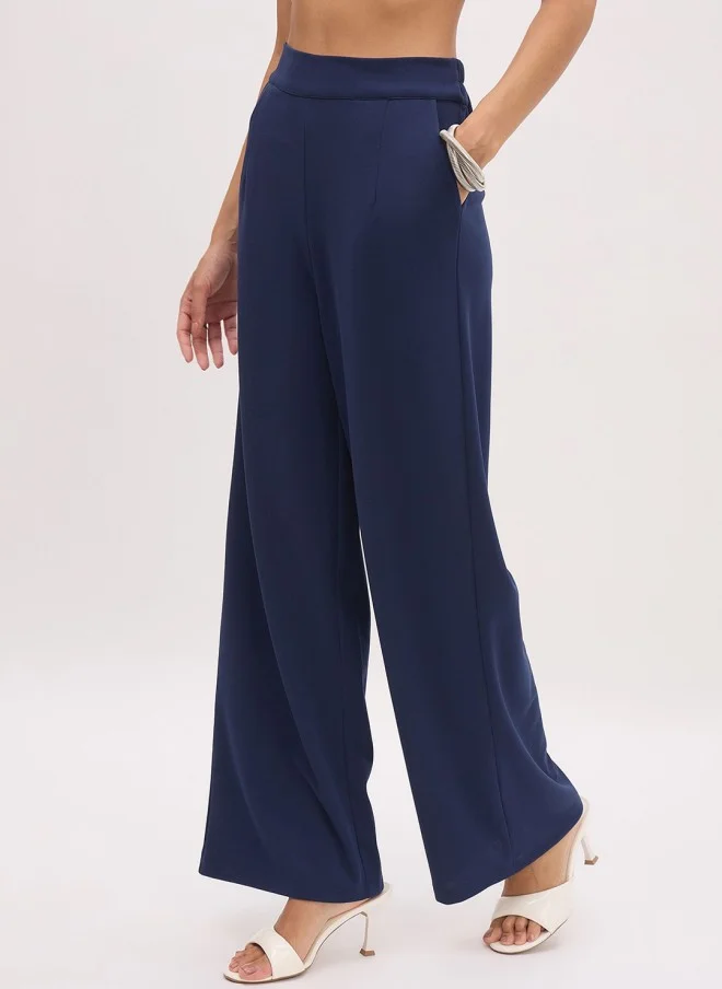 SASSAFRAS Navy High-Rise Straight Fit Trousers for Women