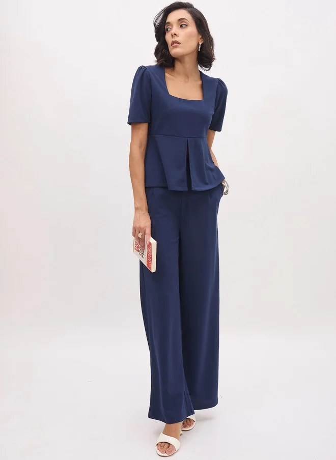 SASSAFRAS Navy High-Rise Straight Fit Trousers for Women