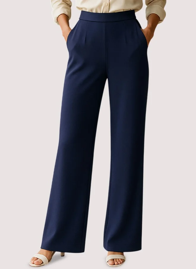 SASSAFRAS Navy High-Rise Straight Fit Trousers for Women