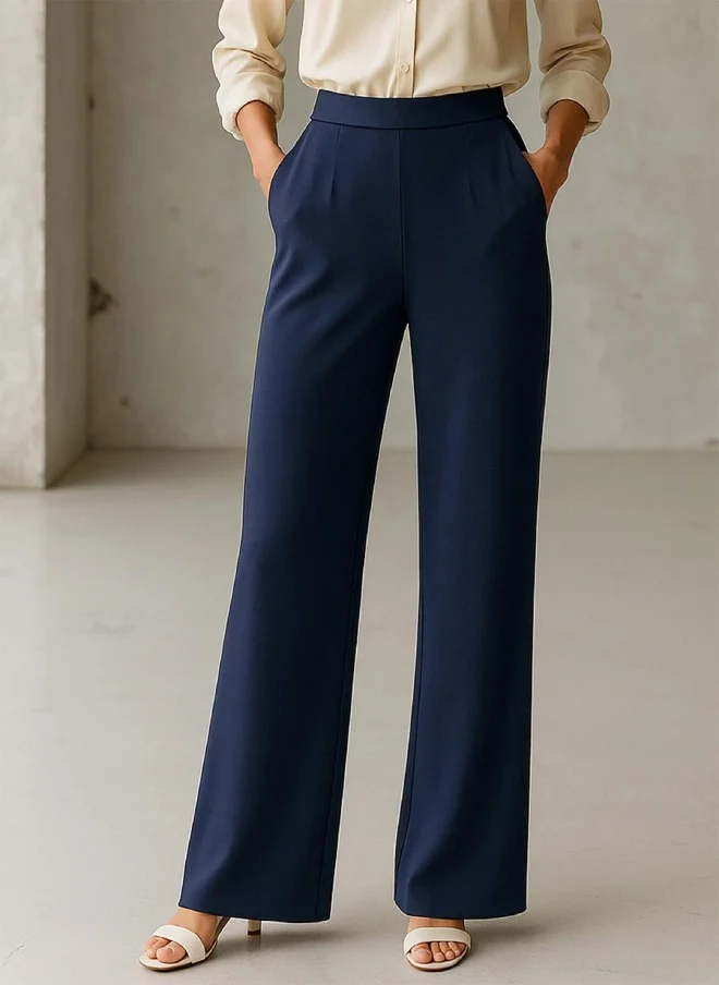 SASSAFRAS Navy High-Rise Straight Fit Trousers for Women