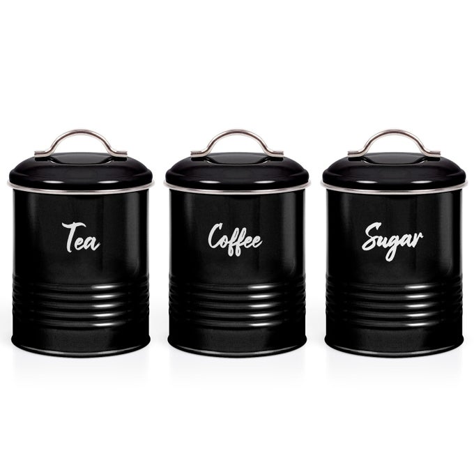 TEA COFFEE SUGAR CANISTER SET SET OF 3 AIRTIGHT FOOD STORAGE EASY TO OPEN STORAGE CANISTERS JARS TIN BLACK