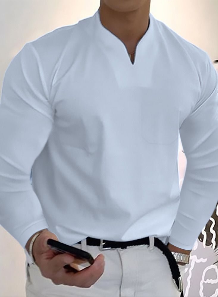 Loquat Men's New Solid Color Simple Long Sleeve V-neck T-shirt 