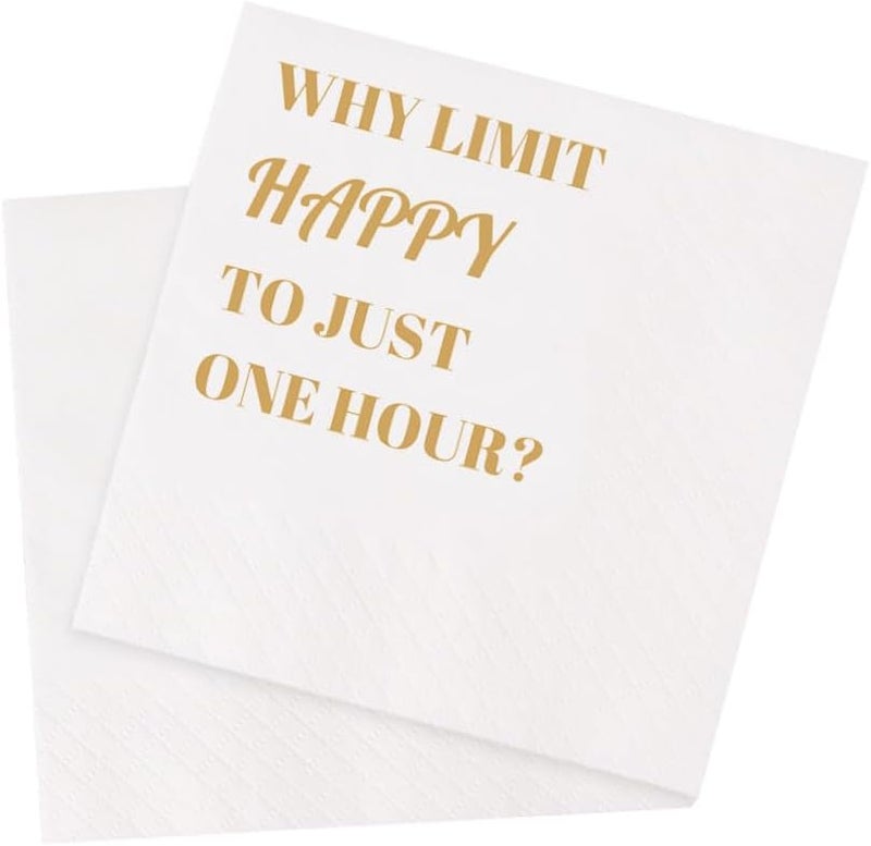 VOWFOO Funny Cocktail Napkins 100Pcs Funny Quotes Saying Disposable Paper Party Napkins 4.5 x 4.5 Two-ply (Why Limit Happy To Just One Hour Napkins) - Image 1