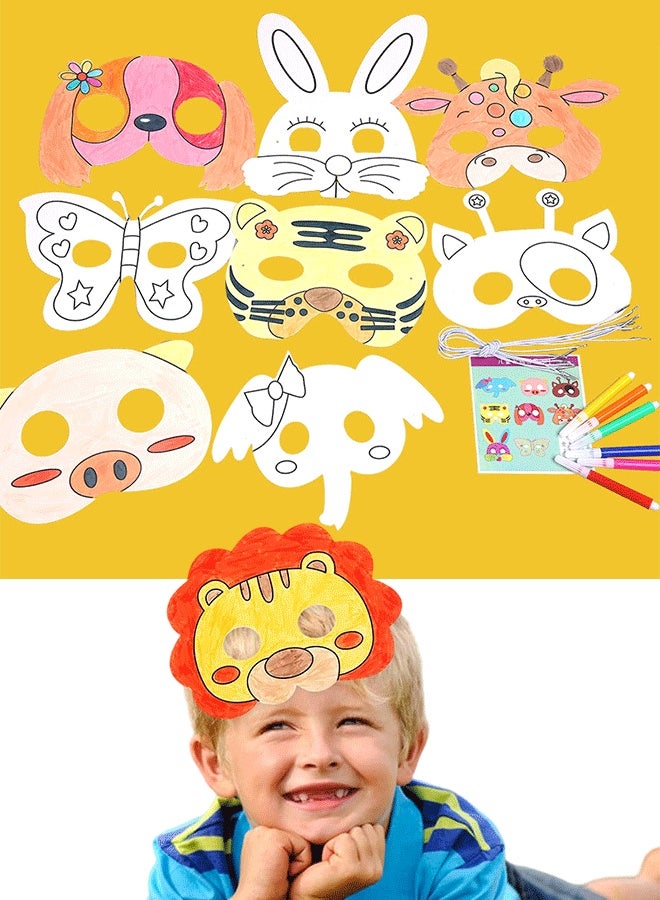 8pcs Animal Masks Set for Kids DIY Colour-in Mask White Card DIY Graffiti Masks Hand Painting Art Craft for Halloween Decorations Birthday Party Safari Jungle Forest Theme Dress-Up - Image 1