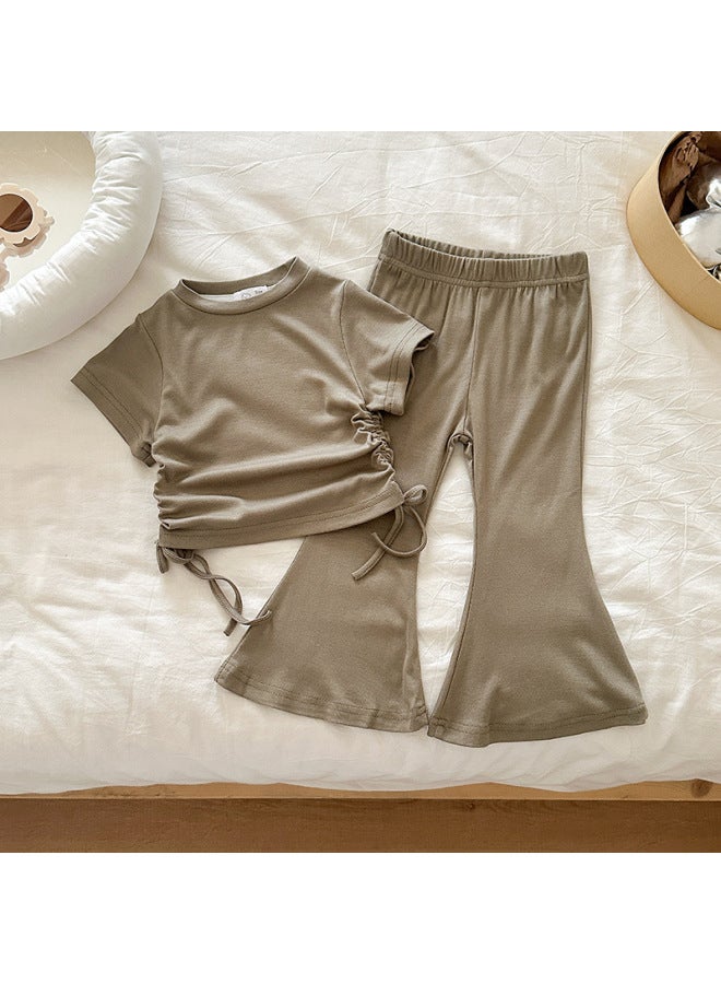 Girl's Korean-style Drawstring Short Sleeve Set, New Spring/autumn Solid Color Flare Pants Stylish Two-piece Set, Children's Fashionable Outfit