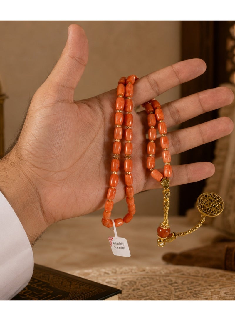 خرز الهدوء سبحة مرجان أحمر معالج 33 خرزة | مرجان موثق بشهادة فردية | تحقق عبر المسح | علبة هدايا أنيقة | هدية إسلامية للرجال - Image 4