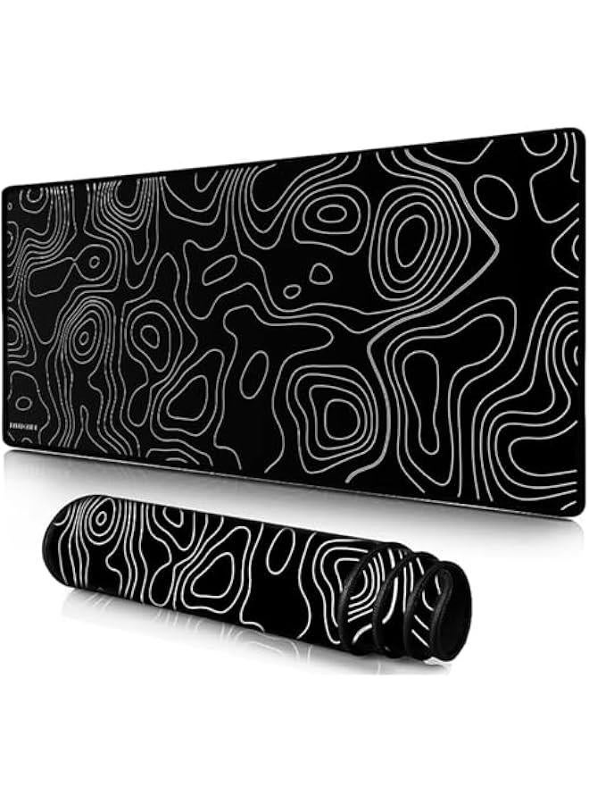 Large Gaming Mouse Pad Topographic Contour with Stitched Edges,Extended Mousepad with Smooth Cloth Surface,Non-Slip Rubber Base, Keyboard Pad for Cputer (800x300mm,Black)  - Image 1