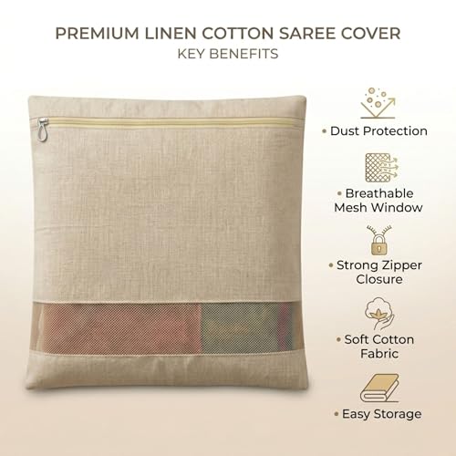 Gowloz Cotton Saree Cover Bags Set of 12– Breathable Clothes Storage Organizer for Saree, Garments | Foldable Zip Wardrobe Bags with Transparent Mesh Window | Dustproof Closet & Travel Use - Image 5