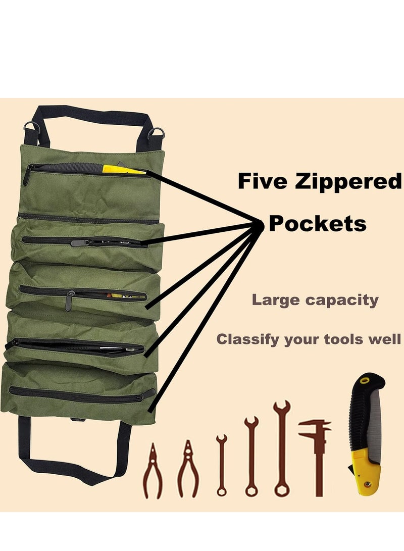 Mmmon Tool Roll Up Bag,Multi Purpose Waterproof Oxford Cloth,Heavy Duty Tool Organizer with 5 Pockets,Suitable for Electricians,Machinists and Hobbyists(Army Green)  - Image 3