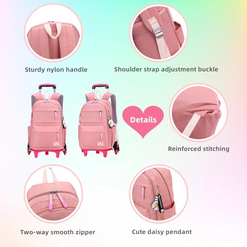 Armbq Rolling Backpack,Backpack with Wheels,Kids Roller Backpack for Girls Boys Travel Bag on Wheels Kids Trolley School Bag,Pink - Image 5