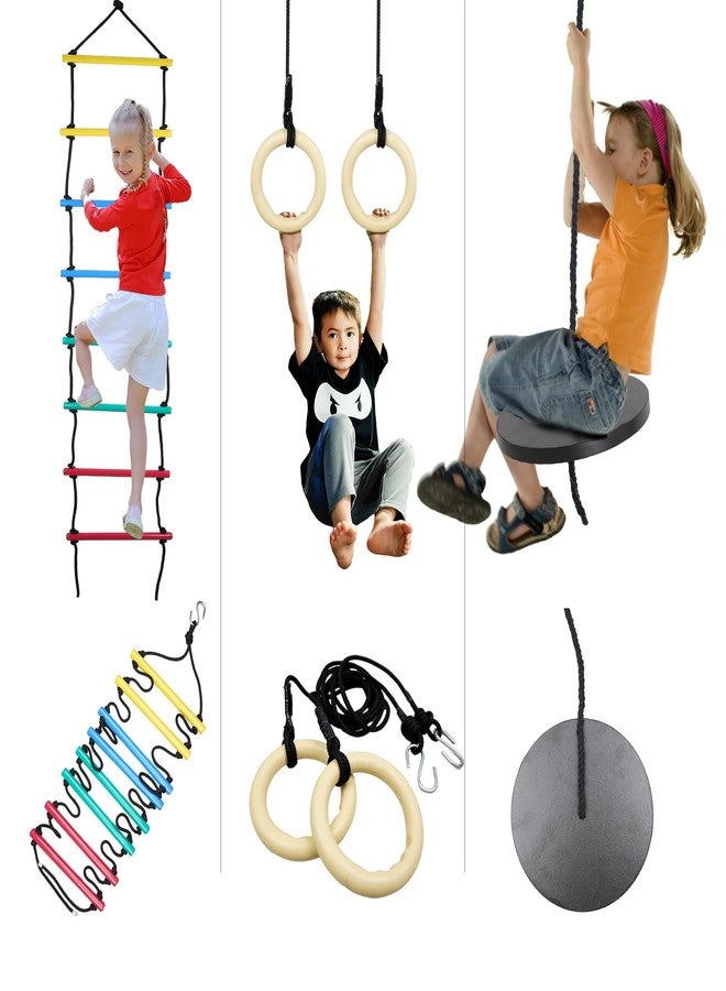 Boffle Playing Equipment for Kids 3 in 1, Disc Swing Set with Ninja Rope Ladder & Trapeze Bar with Rings for Kids Climbing Swing, Indoor & Outdoor Play Structure - Image 1