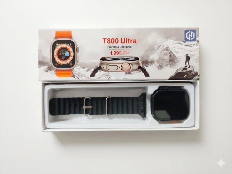 T800 Ultra Smart Watch – 1.99 Inch Screen, Wireless Charging, Fitness & Sleep Tracker, Silicone Band, Compatible with All Devices (Black)