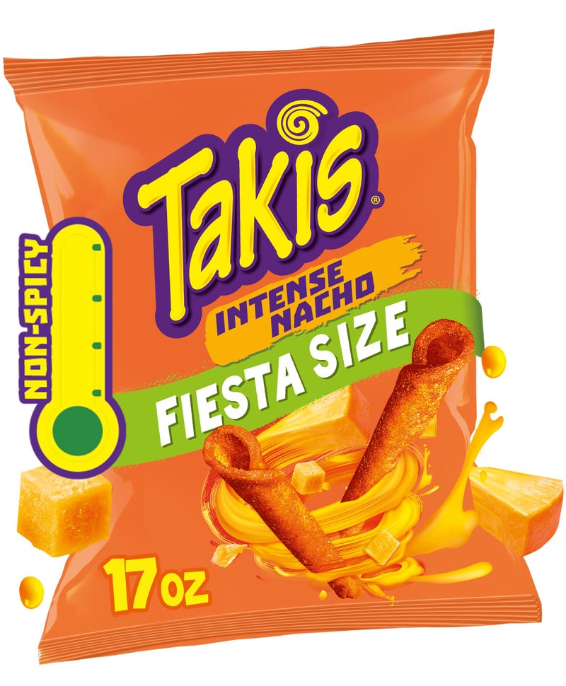 Taki's Takis Intense Nacho 17 oz Fiesta Size Bag, Cheese Flavored Non-Spicy Cheesy Rolled Tortilla Chips - Image 1
