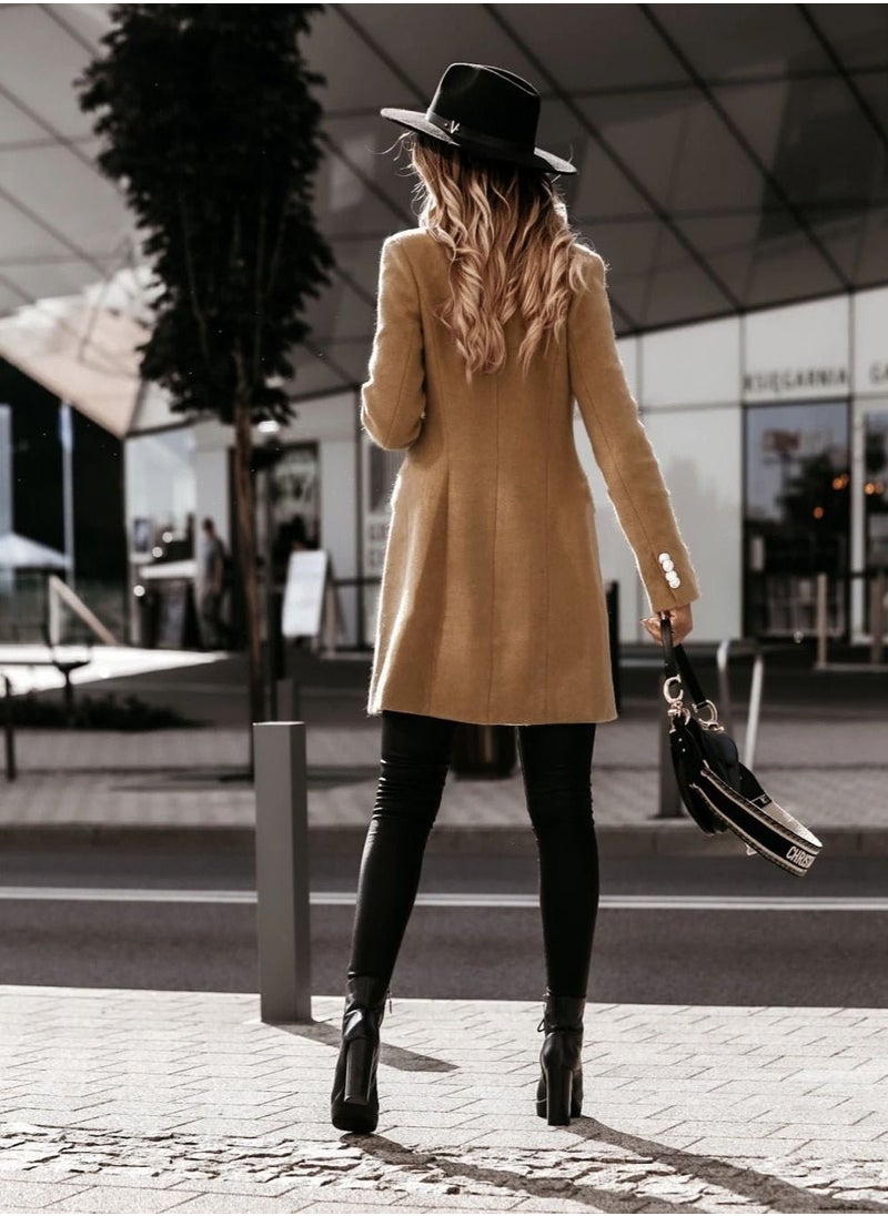 Loquat - New Women's Fashion Simple Long Sleeve Lapel Button Wool Overcoat - Image 1