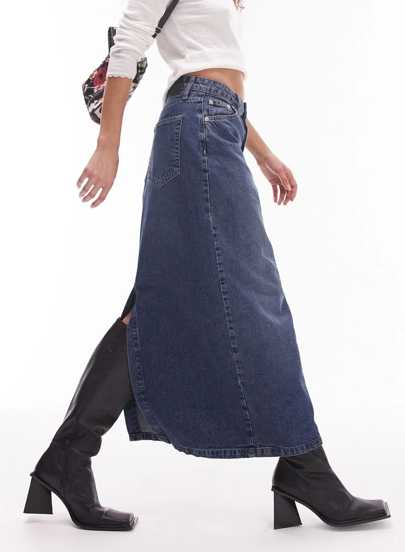 TOPSHOP High Waist Denim Midi Skirt
