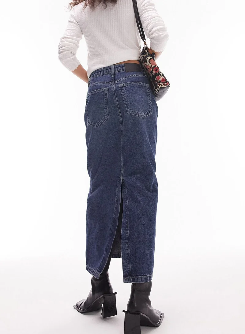 TOPSHOP High Waist Denim Midi Skirt