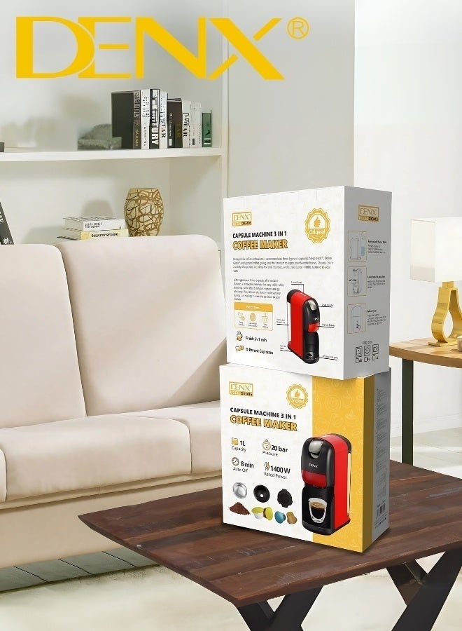 DENX 3-in-1 Capsule Coffee Maker DX3416 – 20 Bar Espresso Machine, 1400W Power, 1L Water Tank, Auto Shut-Off, One-Minute Brew, Nespresso & Dolce Gusto Compatible, Compact & Fast - Image 5