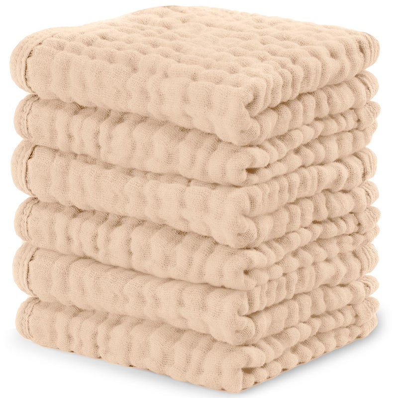 Comfy Cubs Muslin Baby Washcloths 6 Pack - Soft 6-Layer Cotton Wash Cloths for Sensitive Skin - 10"x10" Large, Gentle, Absorbent Infant Essentials for Newborn and Toddlers - Cream - Image 1