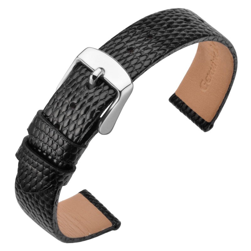 ANNEFIT Womens Leather Watch Band 15mm Lizard Grain Slim Thin Replacement Strap Black